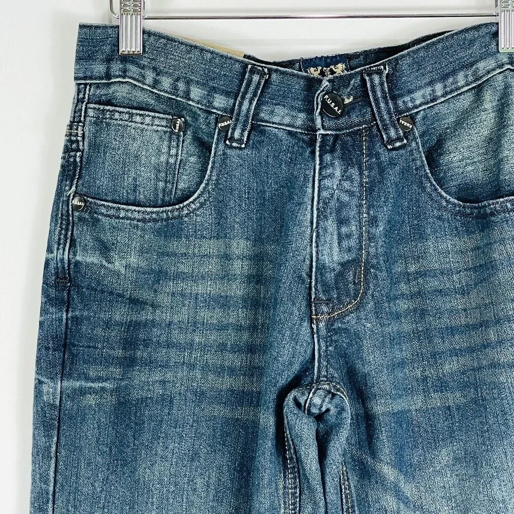 FUSAI 1997‎ Straight Leg Leather Trim Pocket Distressed Jeans Mens Sz 30 x 30 - Picture 2 of 8